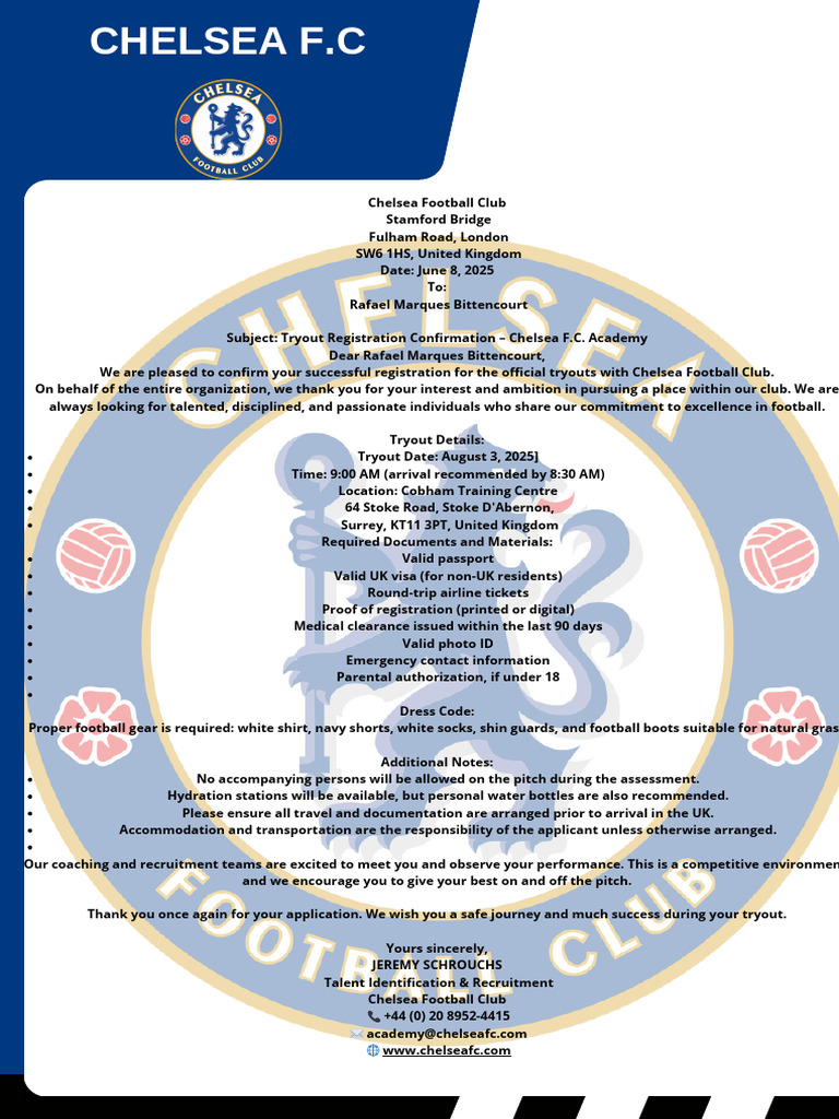 Chelsea F.C. Tryout Registration Confirmed | PDF | Chelsea F.C ...