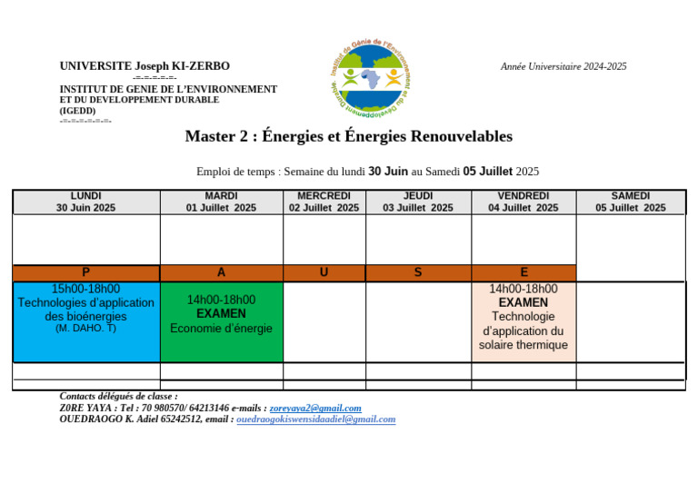 Emploi du temps Master Énergies 2025 | PDF
