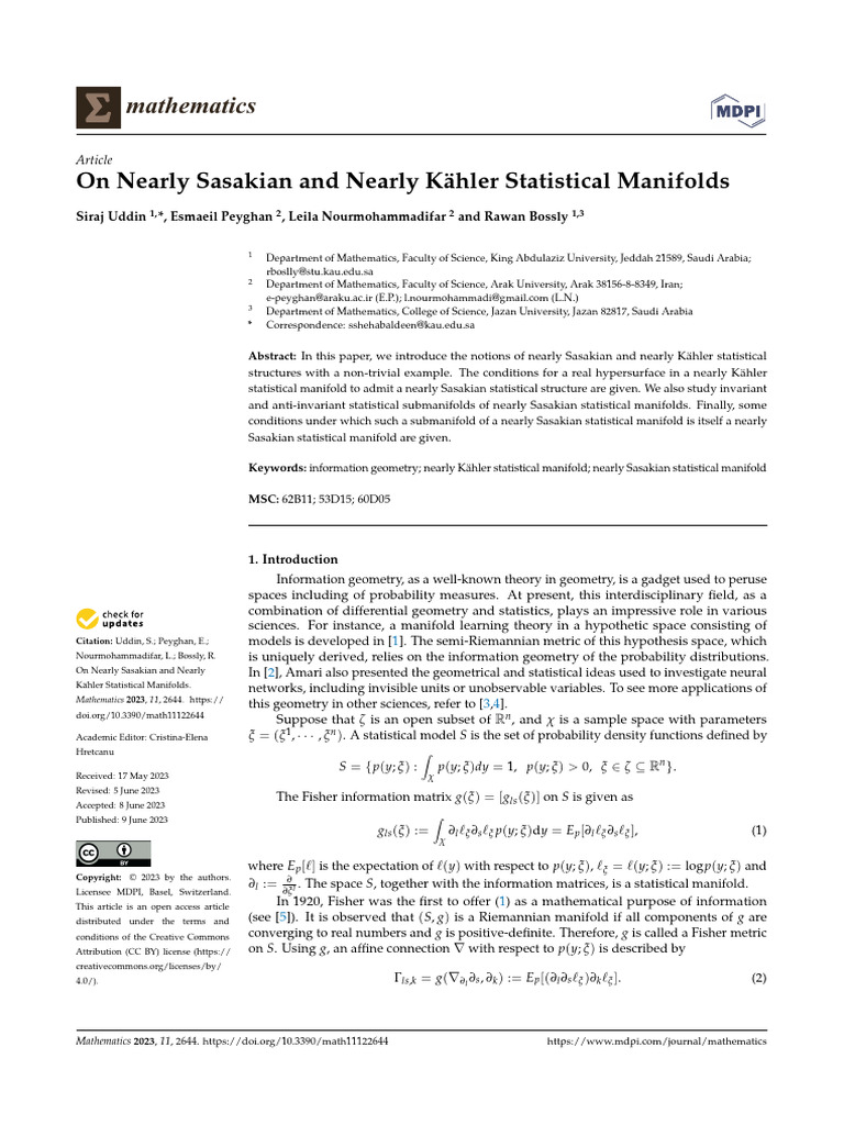 Nearly Kaehler Statistical Manifolds | PDF | Topological Spaces ...
