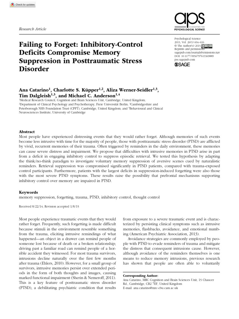 Memory Suppression Deficits in PTSD | PDF | Psychological Trauma | Memory