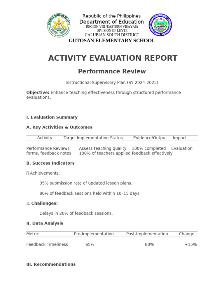 ACTIVITY EVALUATION Report Performance Review | PDF