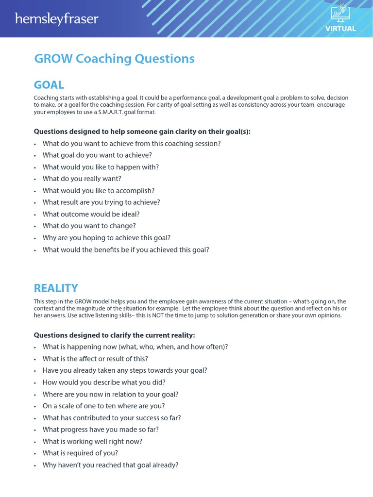 GROW Coaching Model Questions Guide | PDF | Goal | Cognitive Science