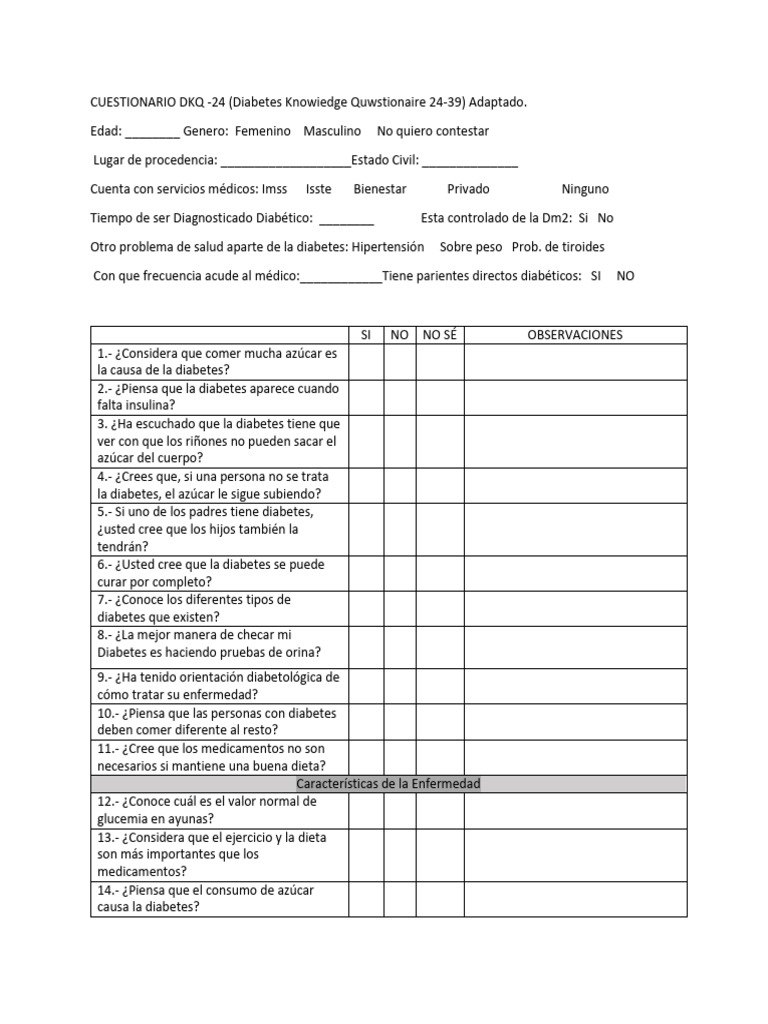 Cuestionario sobre Diabetes DKQ-24 | PDF | Diabetes | Enfermedades y ...