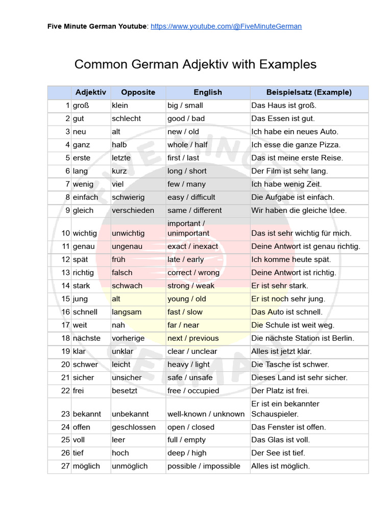 Common German Adjektiv With Examples | PDF