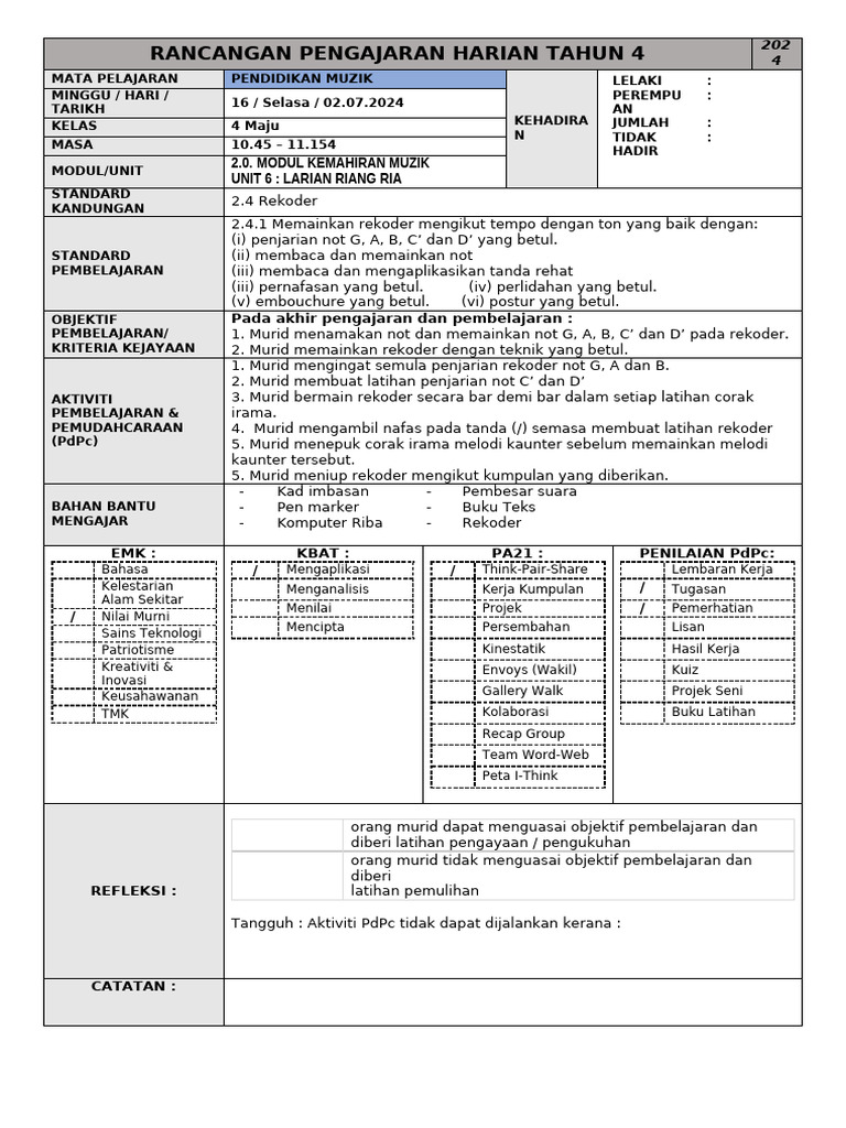 Penjarian Not Rekoder untuk Tahun 4 | PDF