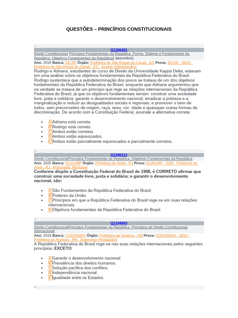 Questões sobre Princípios Fundamentais | PDF | Constituição | Federação