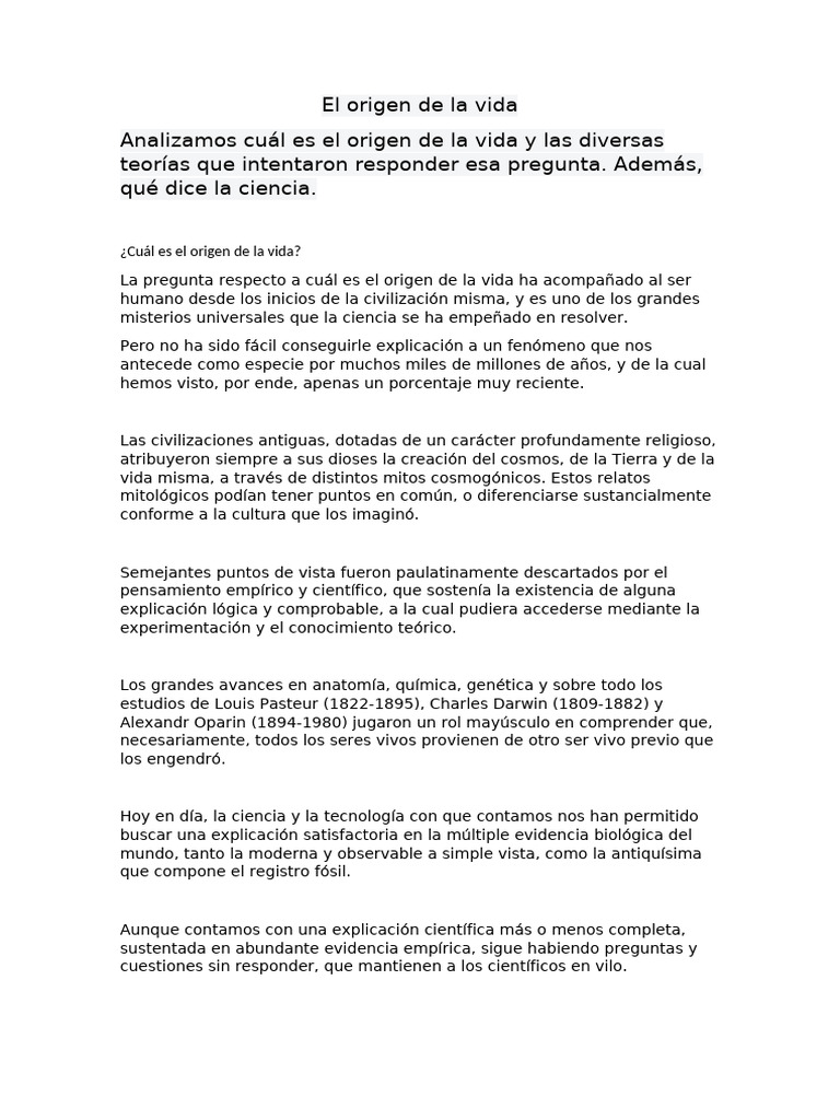 Teorías sobre el origen de la vida | PDF | Vida | Abiogénesis