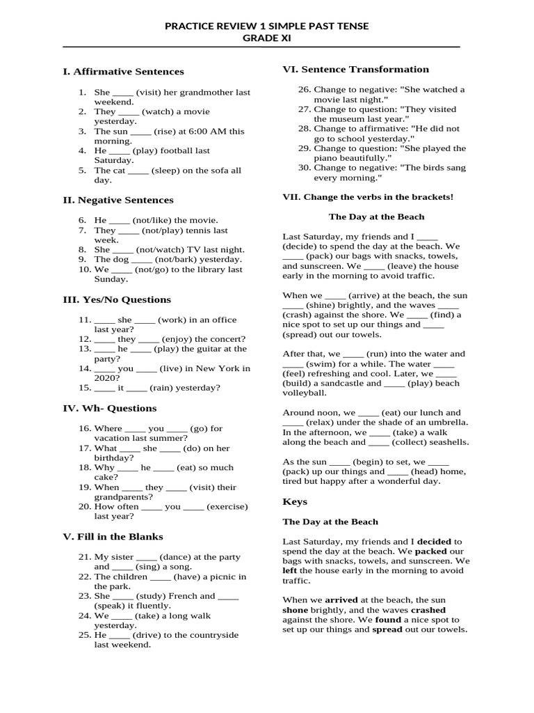 Practice Review 1 Simple Past Tense Grade Xi Key | PDF | Linguistics