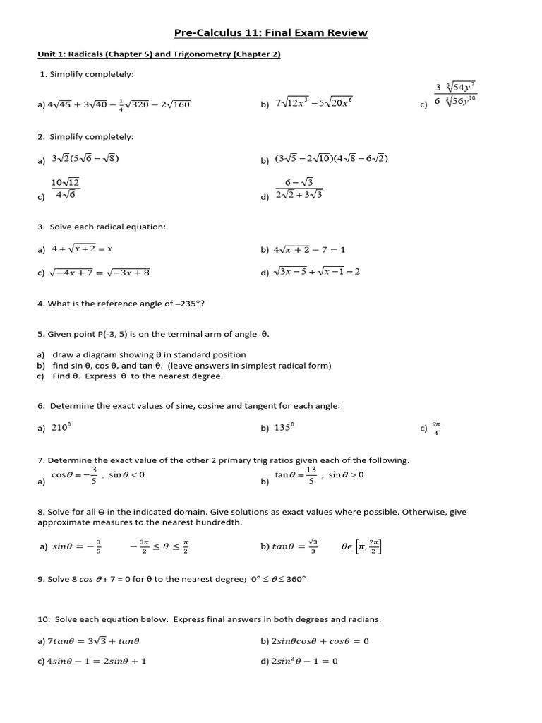 Pre-Calculus 11 Final Exam Review Guide | PDF | Quadratic Equation ...