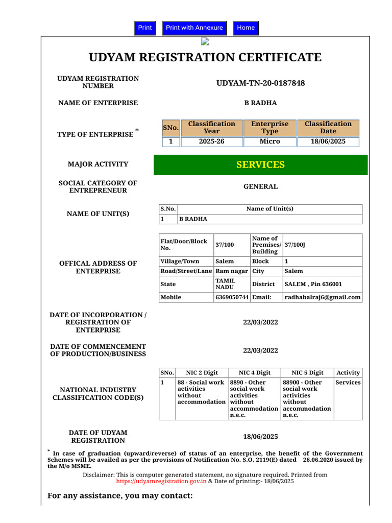 Udyam Registration Certificate Sample | PDF