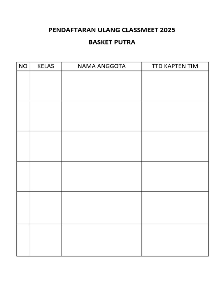 Pendaftaran Ulang Classmeet 2025 Basket Putra | PDF