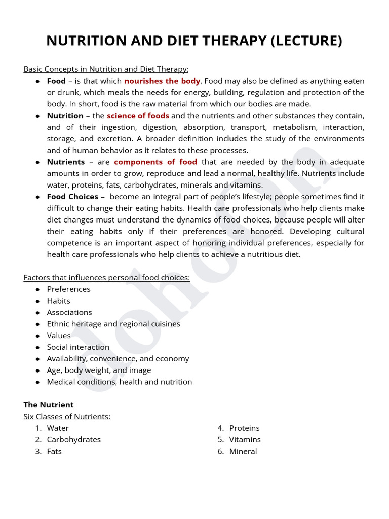Nutrition and Diet Therapy Overview | PDF | Nutrients | Nutrition