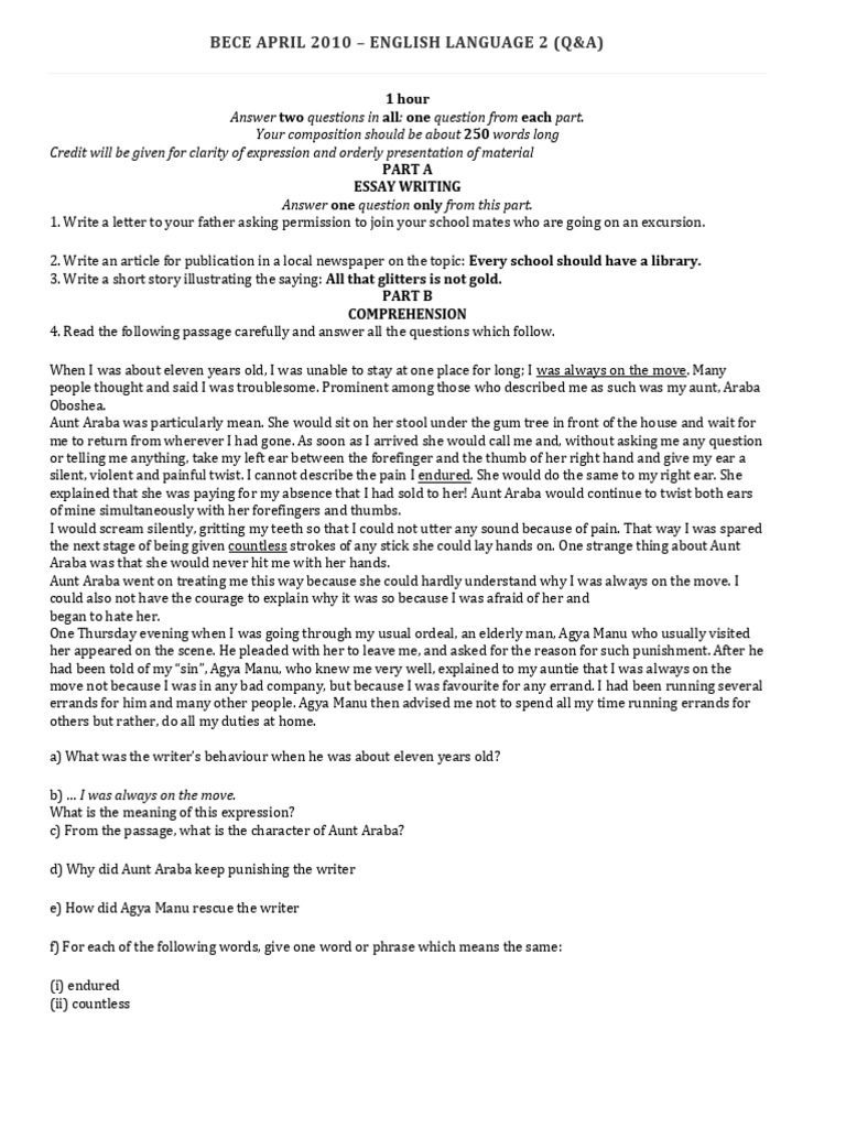 BECE 2010 English Q&A Guide | PDF