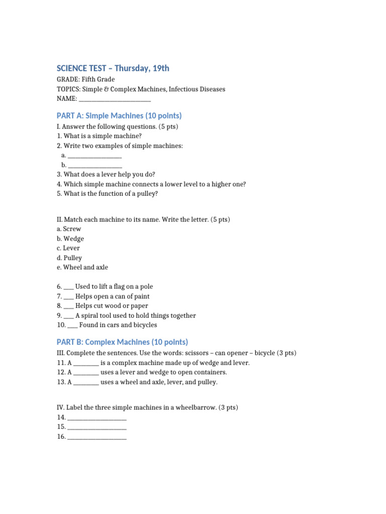 Science Test Grade5 Machines Diseases | PDF