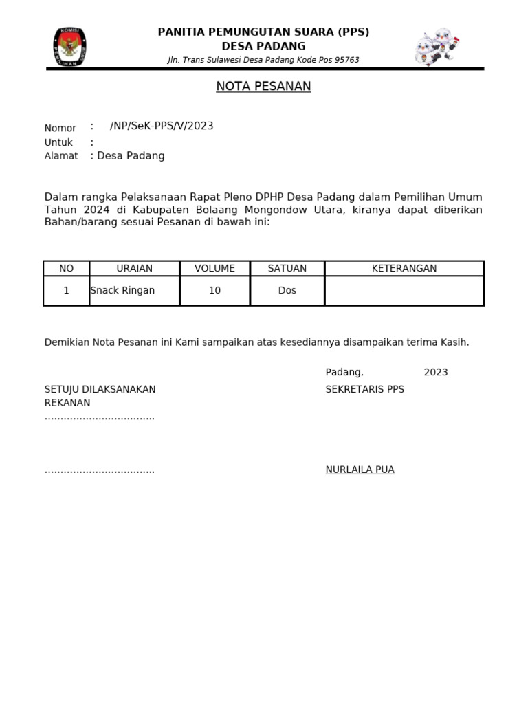 Nota Pesanan Panitia Pemungutan Suara 2023 | PDF