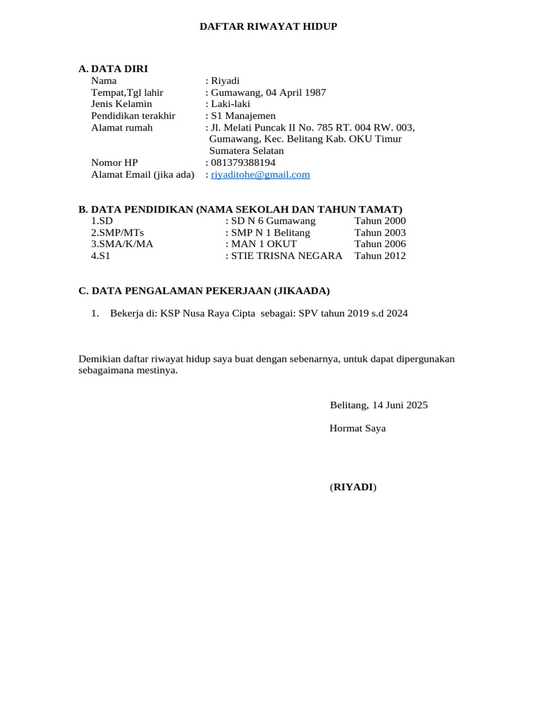 CV Riyadi: Manajemen & Pengalaman Kerja | PDF