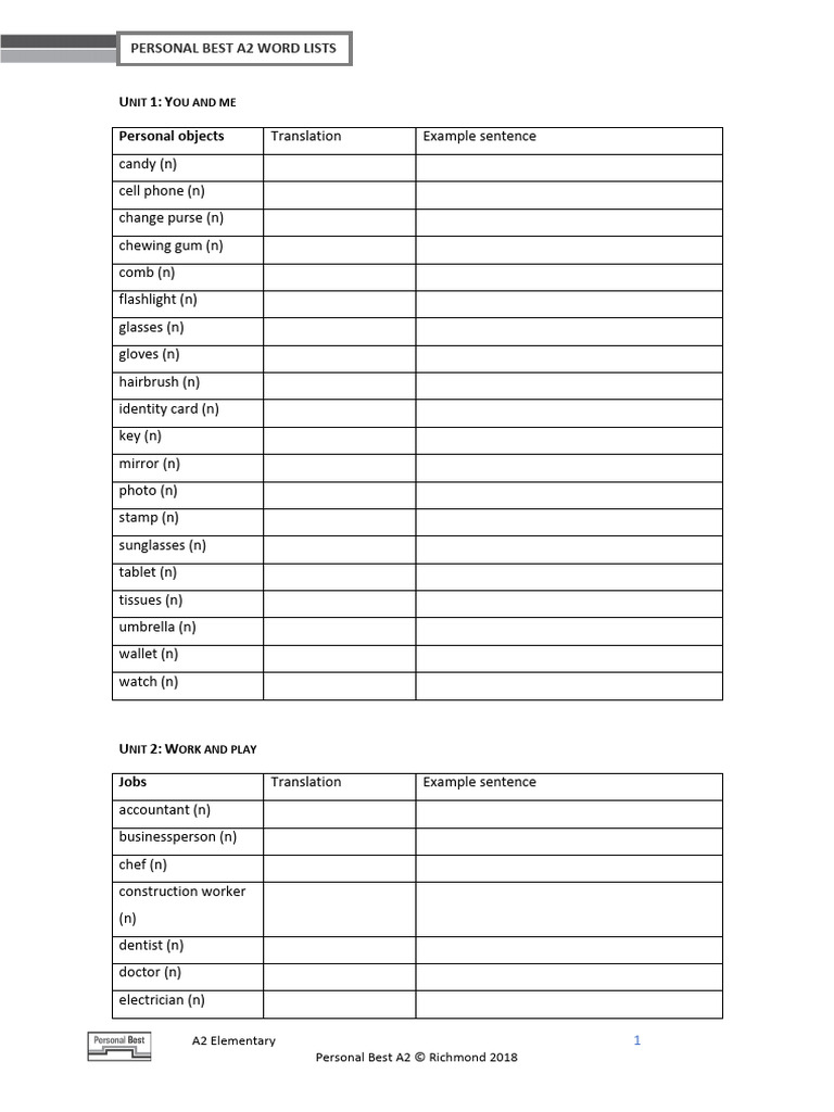 A2 Word Lists for Personal Best | PDF | Grandparent