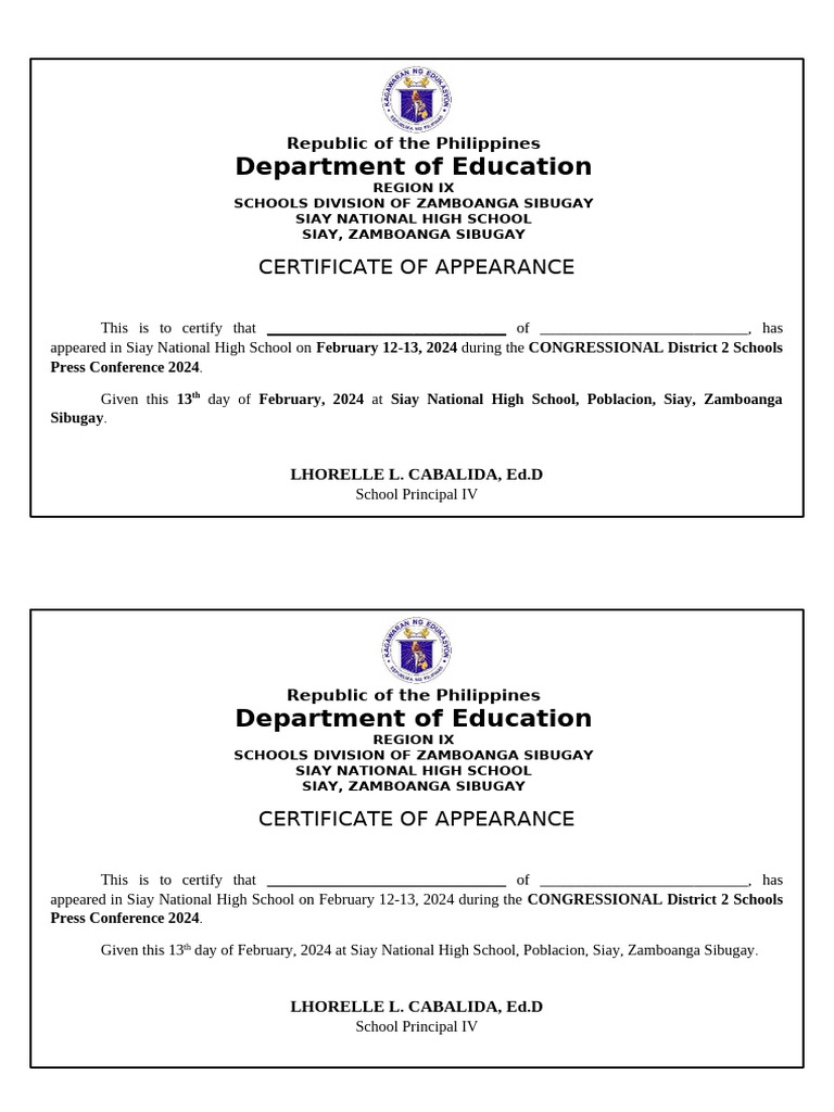 Certificate of Appearance - Siay National High School | PDF