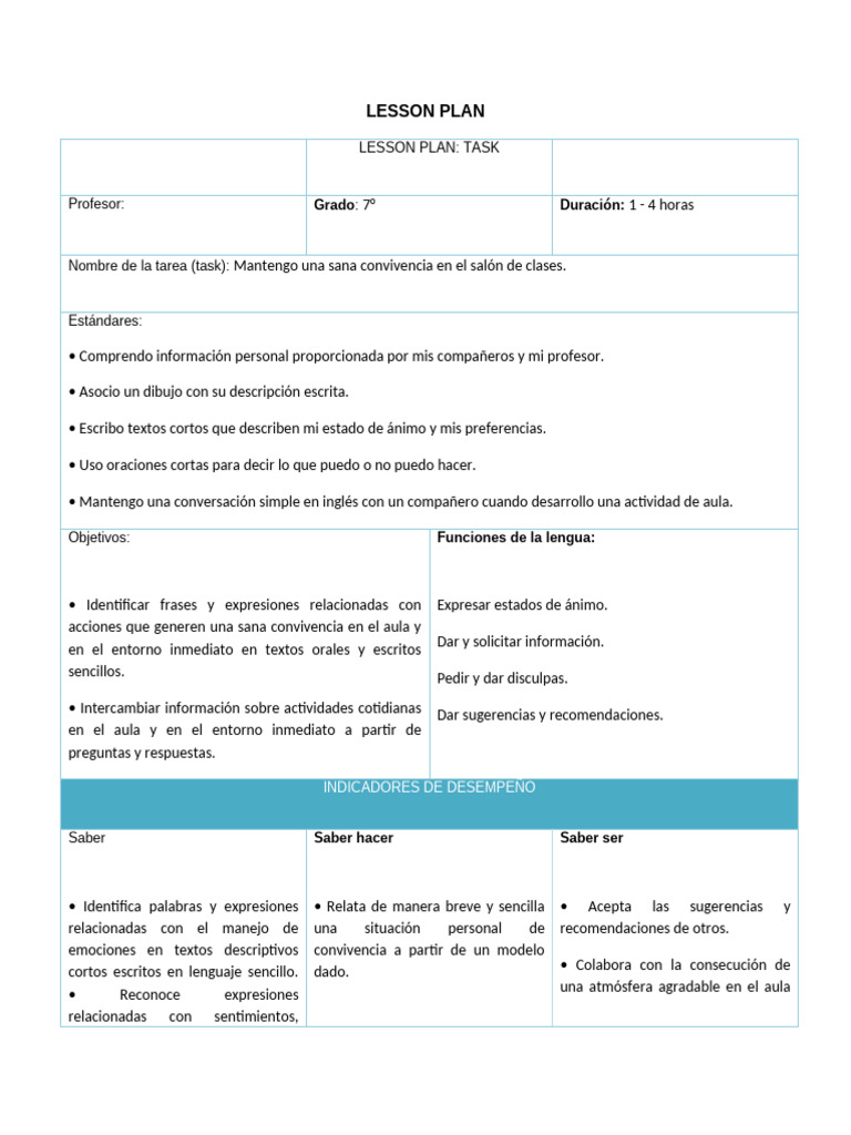 Convivencia en el Aula: Plan de Lección 7° | PDF | Las emociones ...