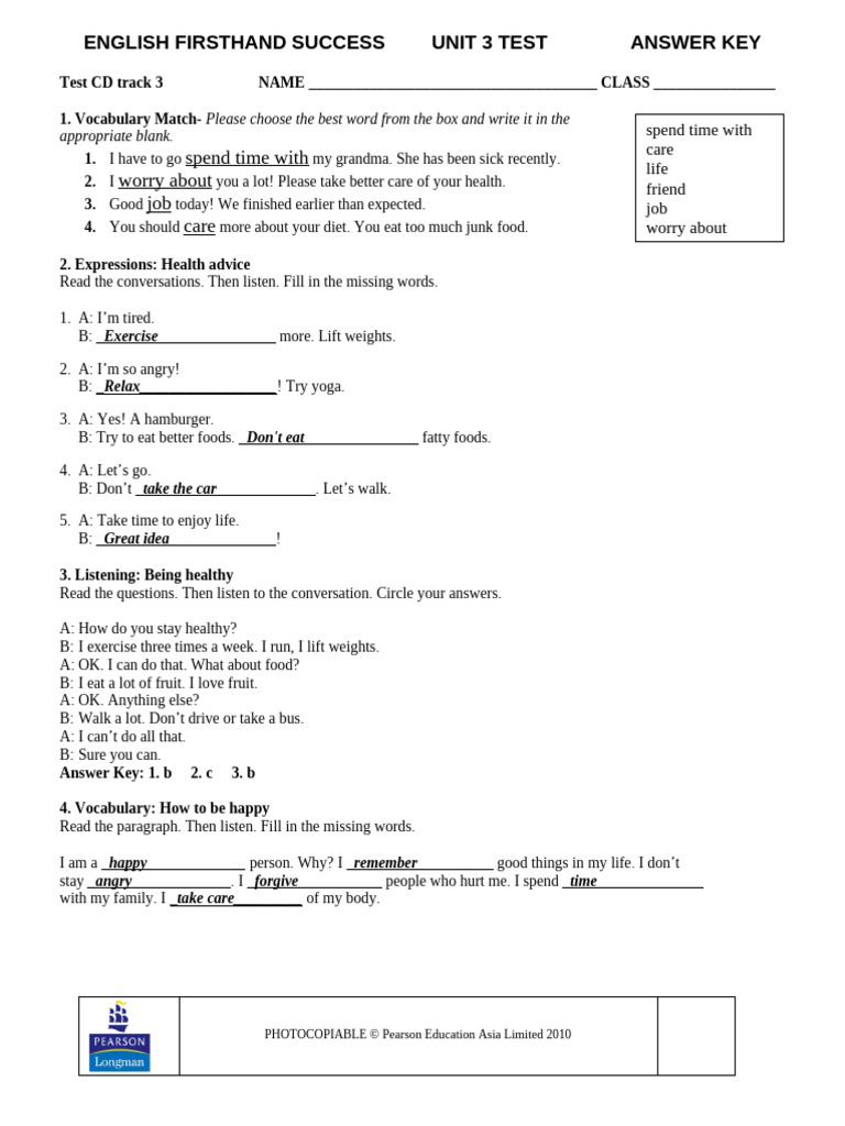 English Firsthand Unit 3 Test Answer Key | PDF