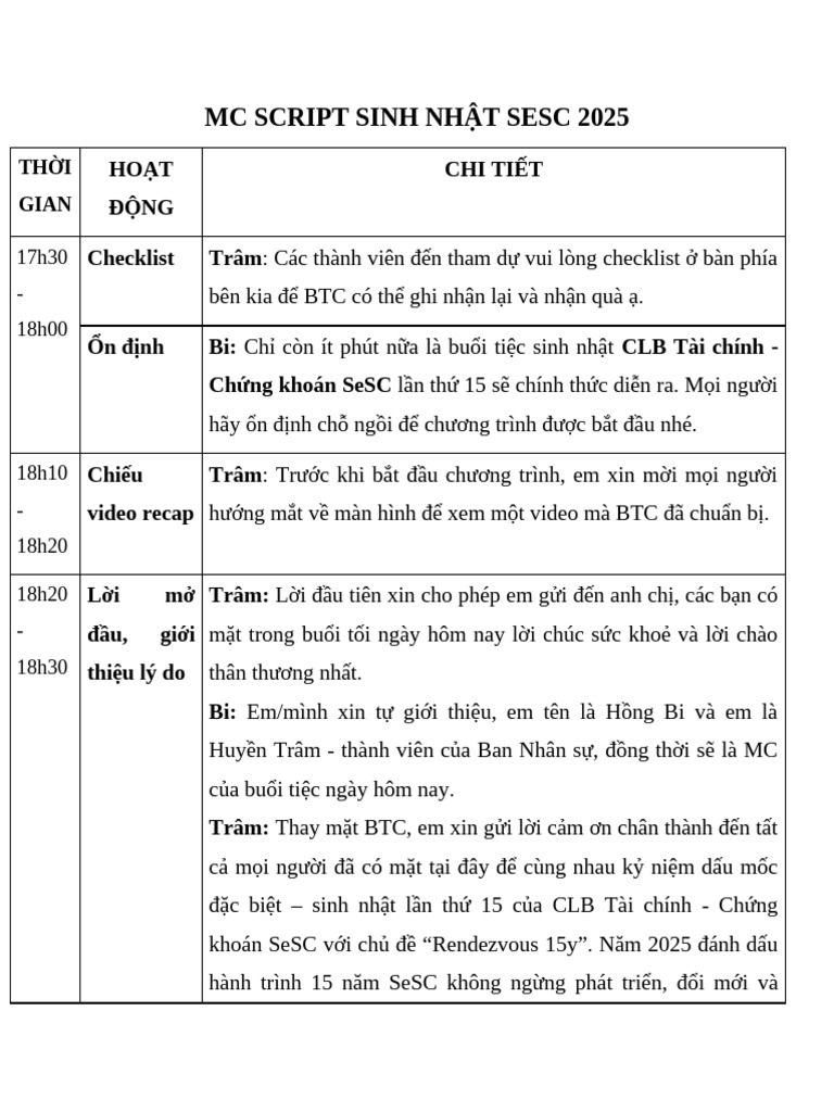 Mc Script Sinh Nhật Sesc 2025 | PDF