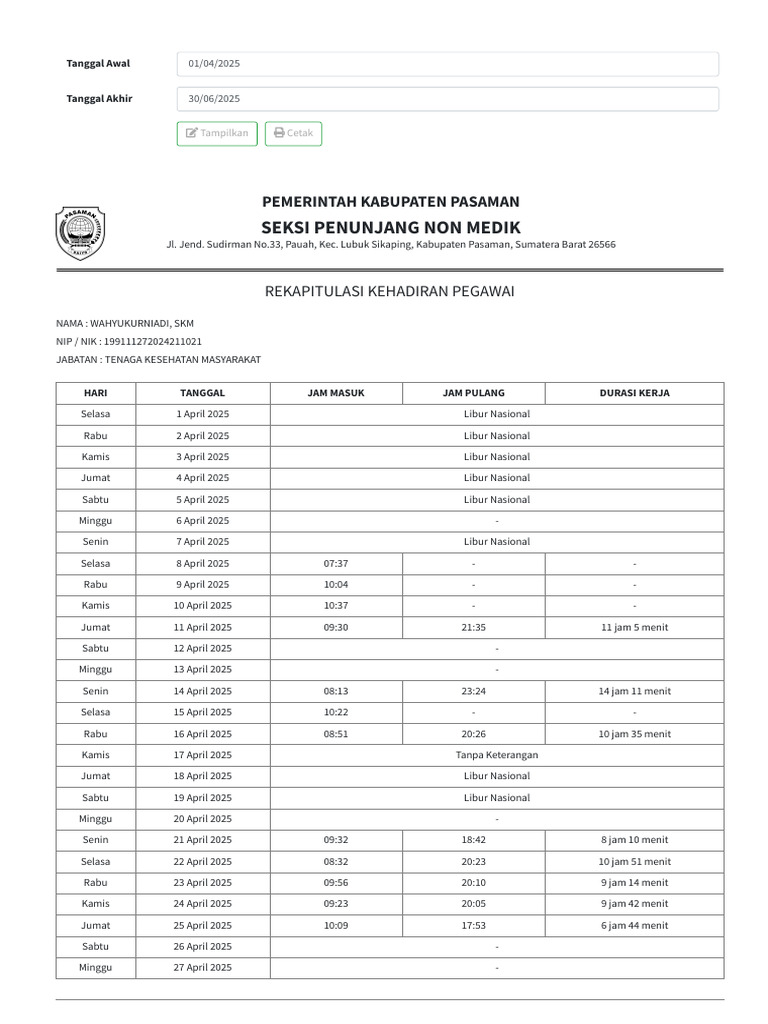 Rekap Kehadiran Kerja 12 Jam | PDF