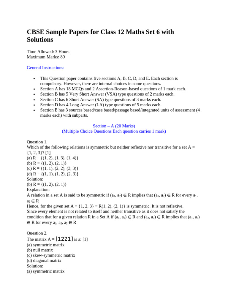 Class 12 Maths Sample Paper Solutions | PDF | Matrix (Mathematics ...