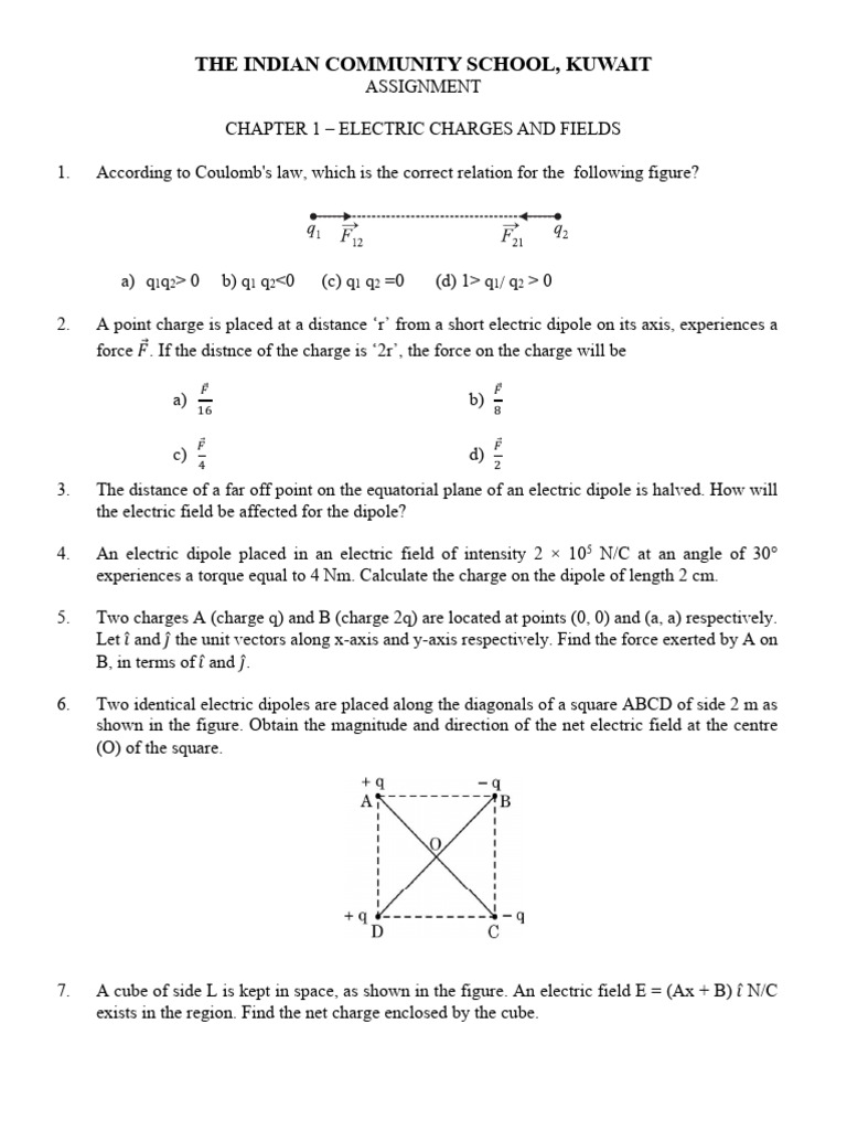 Chapter 1 - Electric Charges and Fields Assignment | PDF | Electric ...