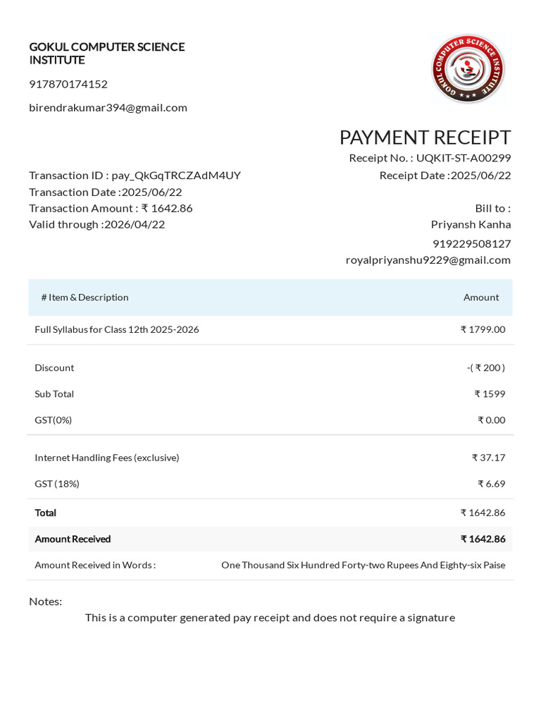 Payment Receipt for Class 12 Syllabus | PDF