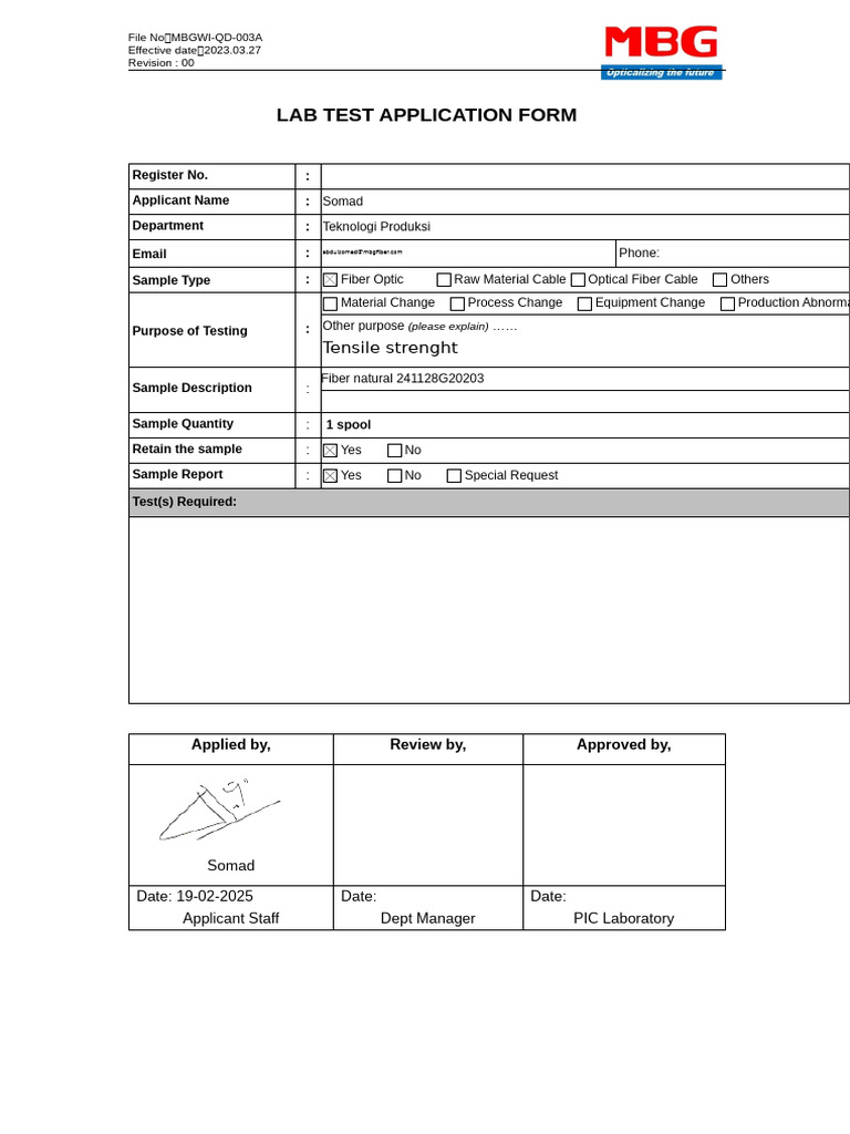Fiber Optic Lab Test Application Form | PDF