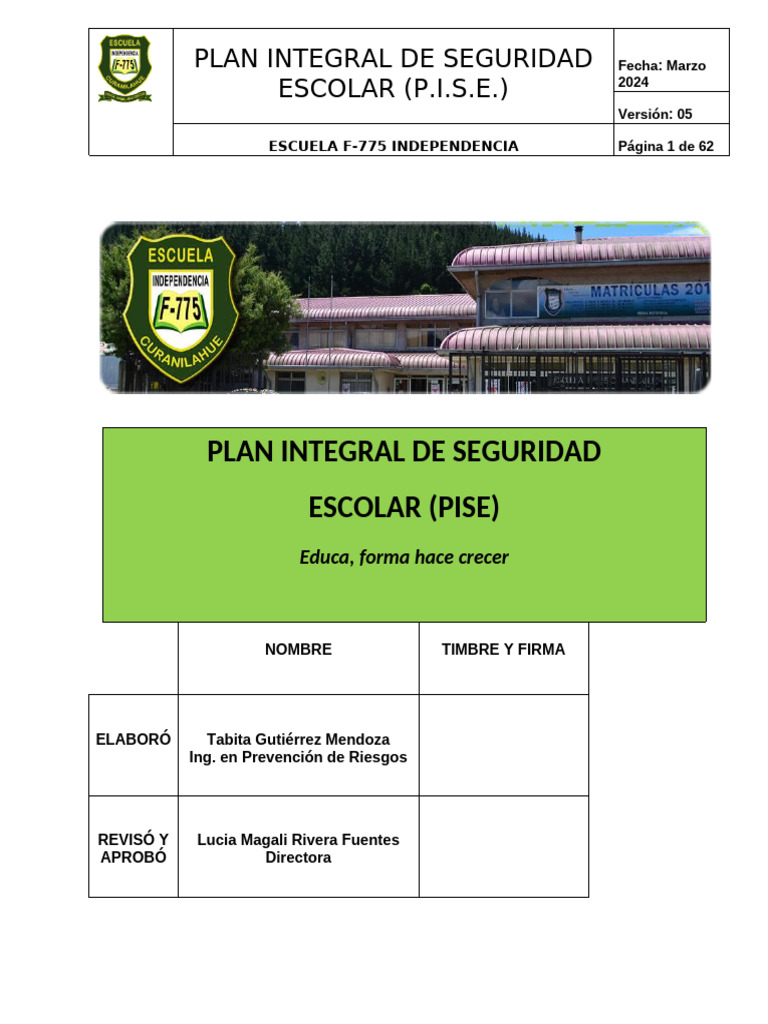 Plan de Seguridad Escolar Integral PISE | PDF | Escuelas | Valores