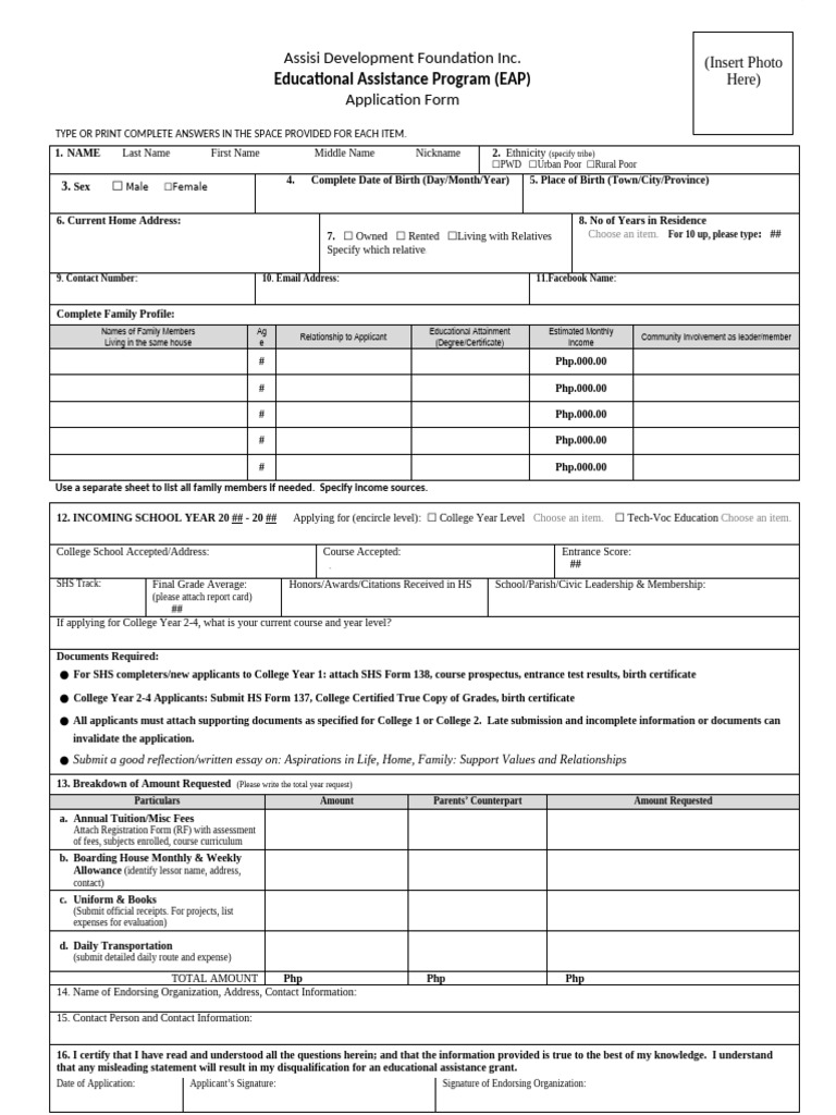 EAP Application Form for Assisi Foundation | PDF