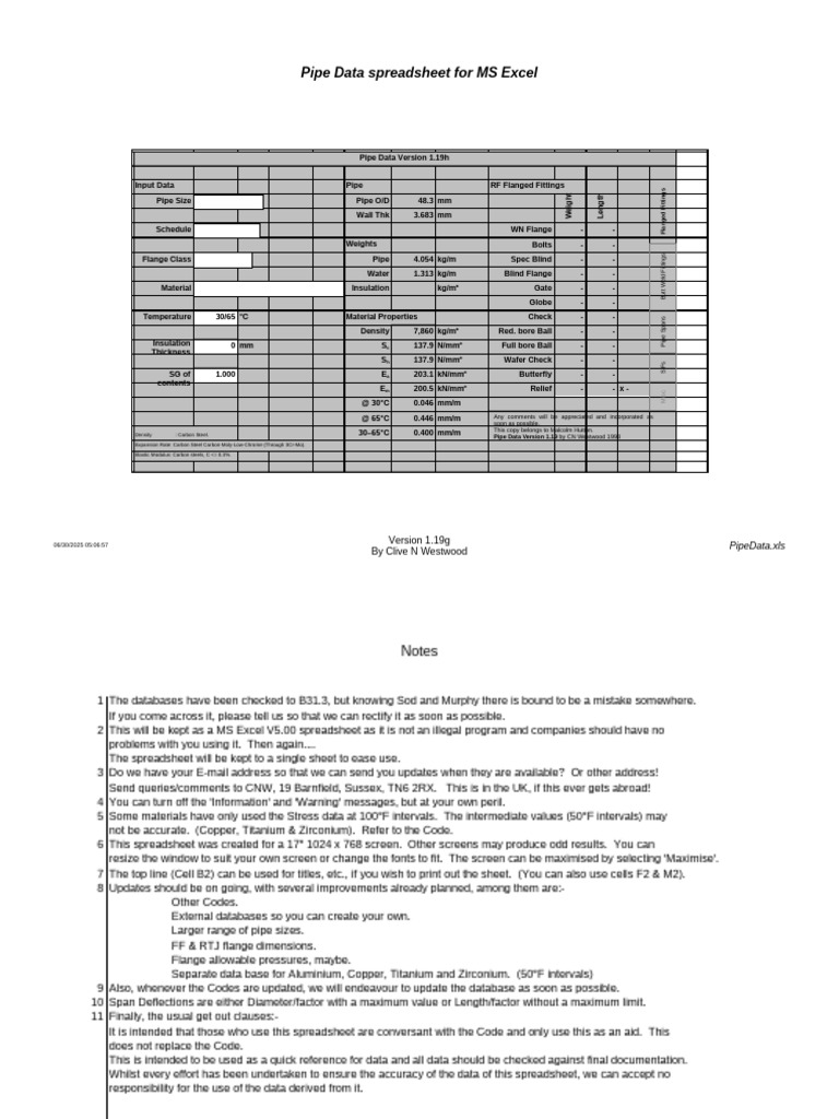 Pipe Data Spreadsheet for Excel | PDF | Pipe (Fluid Conveyance ...
