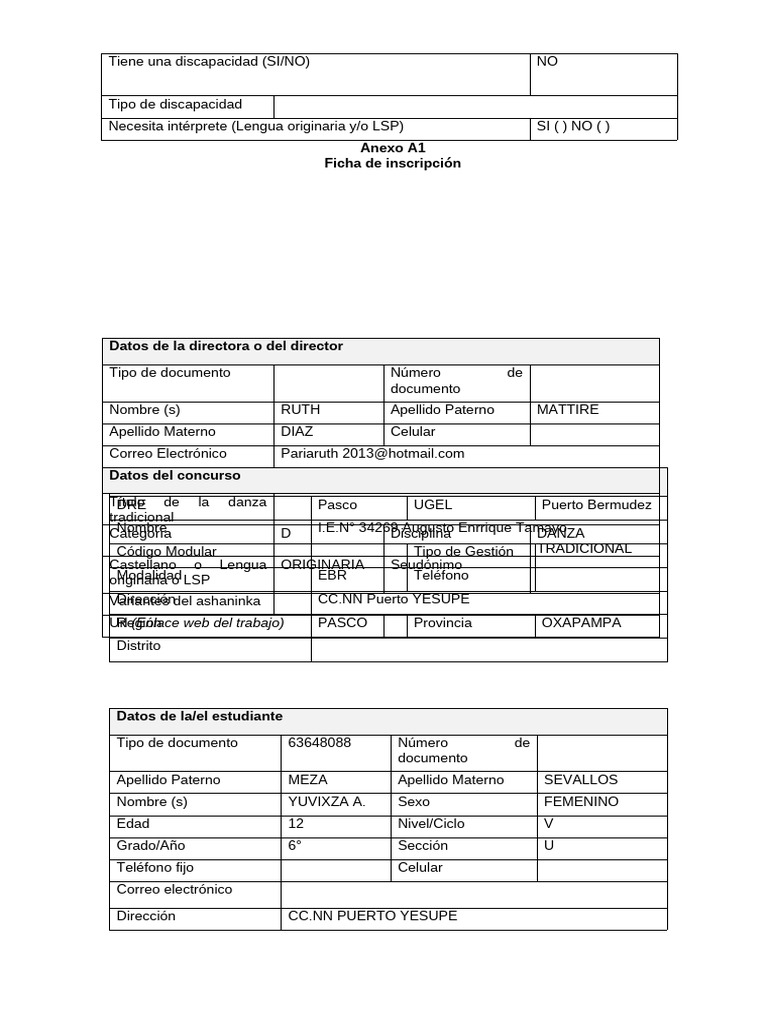 Ficha de Inscripción Educativa A1 | PDF