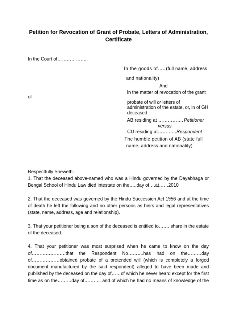 Revocation Petition for Grant of Probate | PDF | Probate | Inheritance