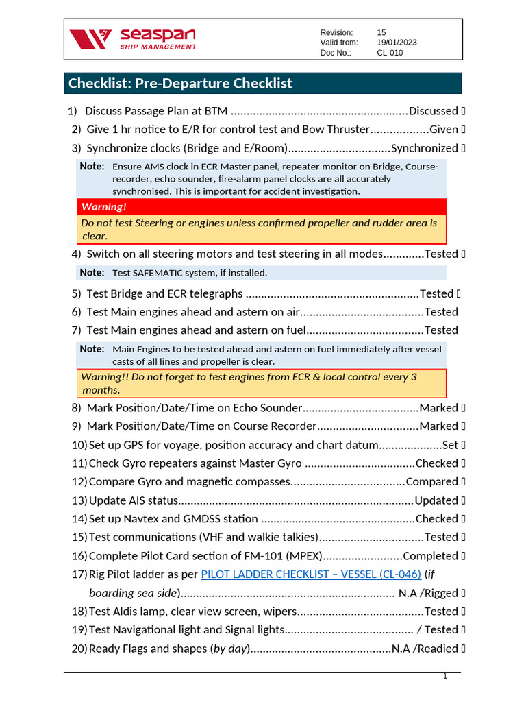 Cl-010 - Pre Departure Checklist - Deck - V15 | PDF | Watercraft ...