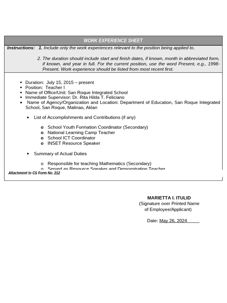 Work Experience Sheet for Teacher Position | PDF