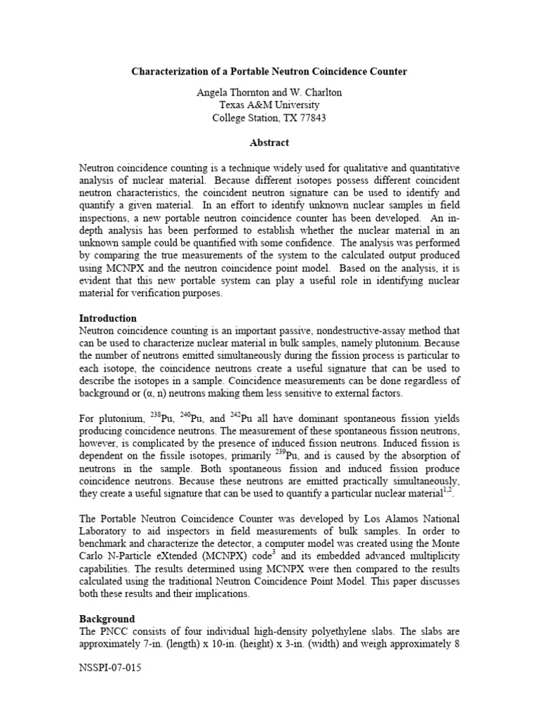 Portable Neutron Coincidence Counter Analysis | PDF | Neutron | Nuclear ...