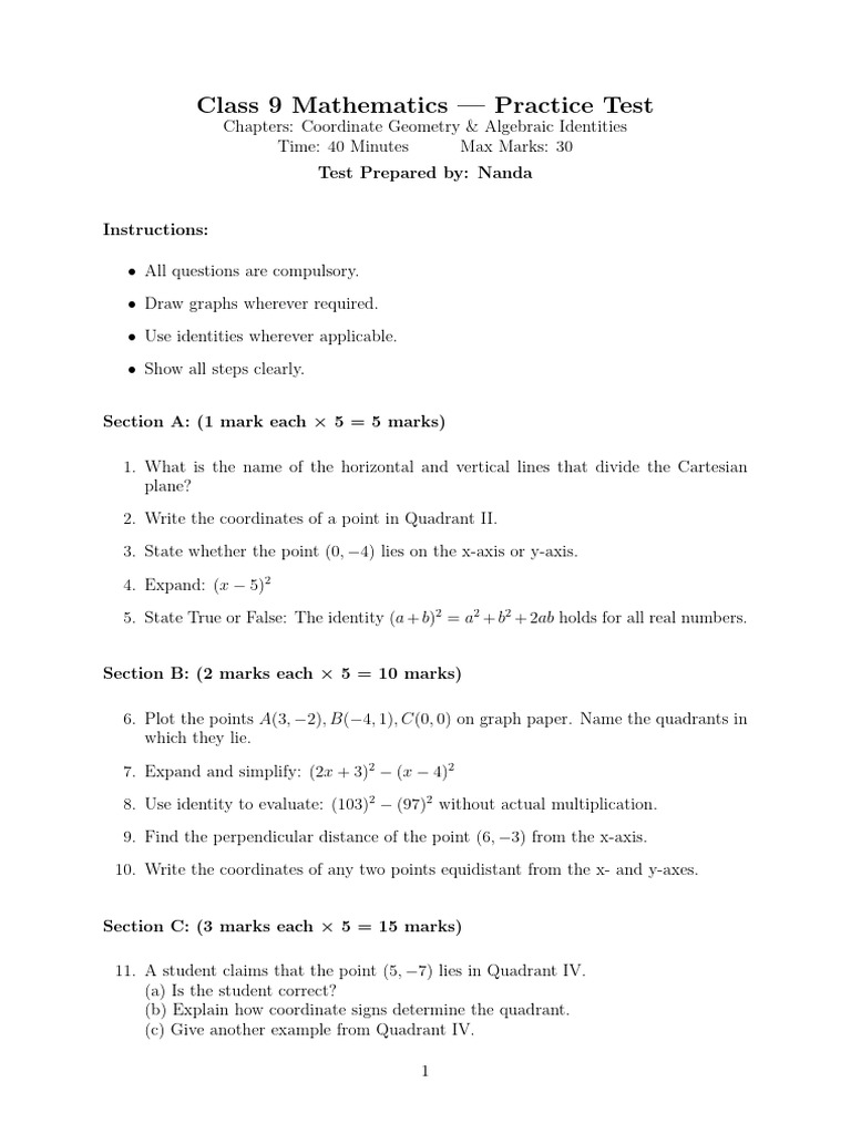 Class 9 Maths Practice Test Answers | PDF