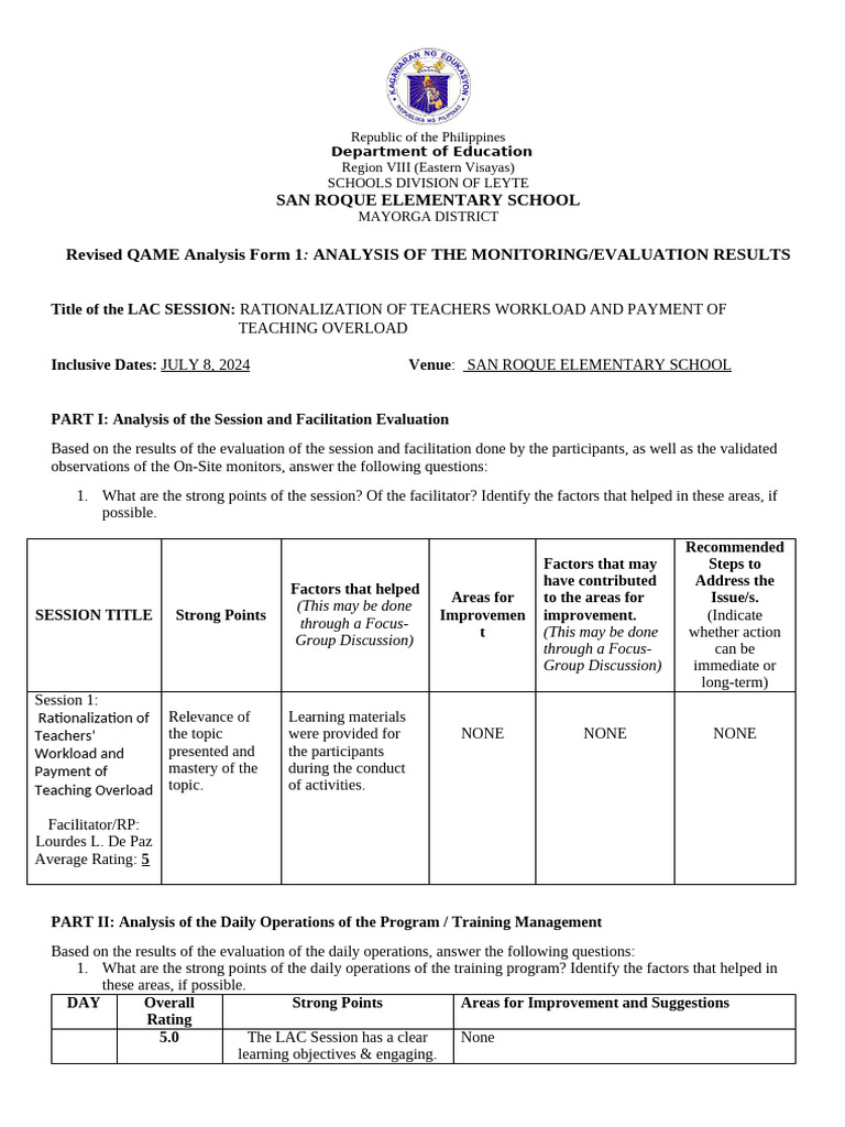 Qame-Lac Session On Rationalization of Teachers Workload | PDF ...