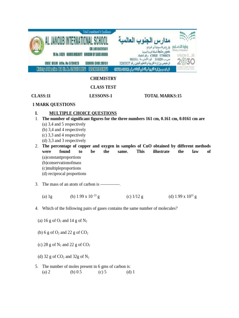 Class 11 Chemistry Test Questions | PDF