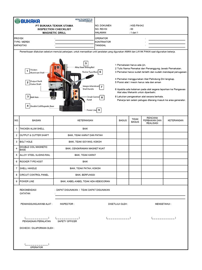 Hse-Fm-042 Inspection Checklist Magnetic Drill | PDF