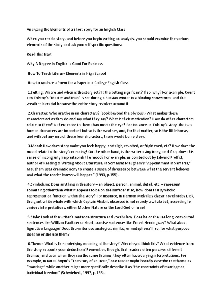 Analyzing The Elements of A Short Story For An English Class | PDF ...