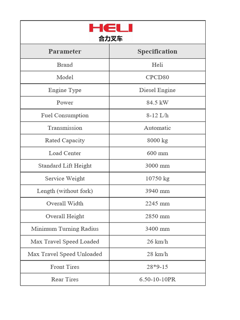 Heli CPCD80 Forklift Specifications | PDF