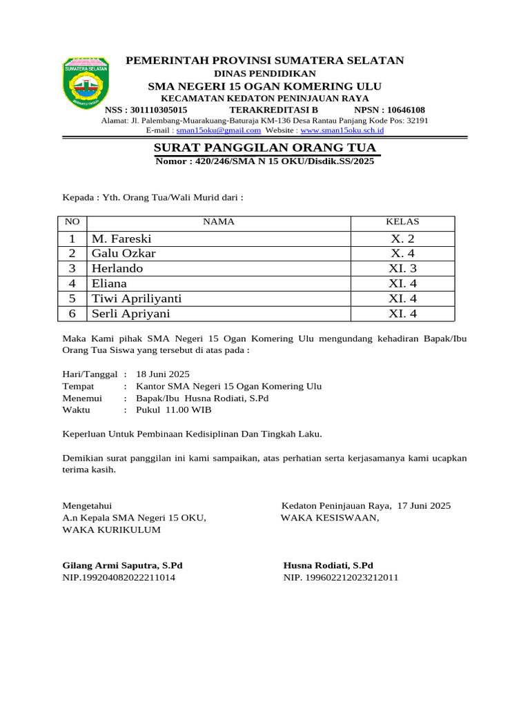 Surat Panggilan Orang Tua | PDF