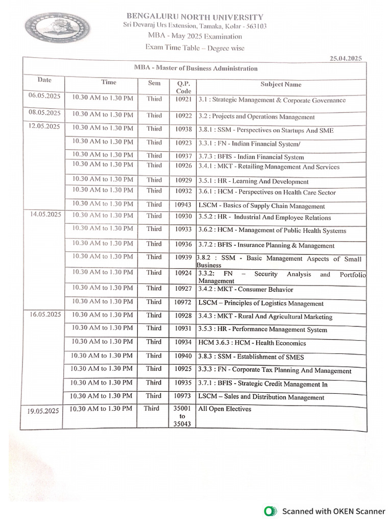 MBA 1st & 3rd Sem Time Table May-2025 | PDF