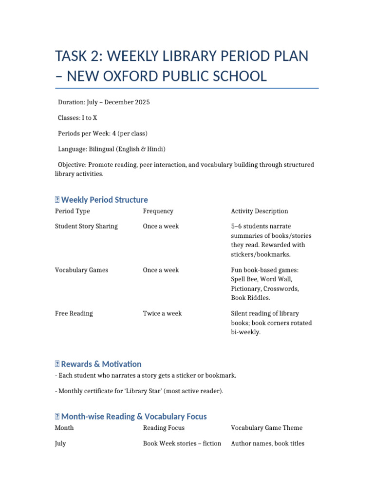 Weekly Library Plan for New Oxford School | PDF | Linguistics | Human ...