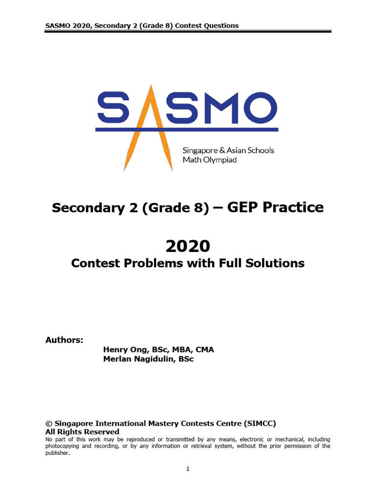 SASMO 2020 Grade 8 Contest Questions | PDF | Mathematics | Applied ...