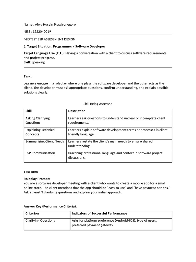 ESP Assessment for Software Developers | PDF | Mobile App | Parameter ...