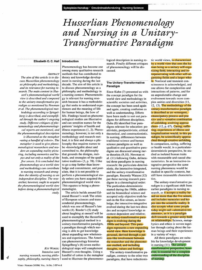 Hall 1996 Husserlian Phenomenology and Nursing in A Unitary ...